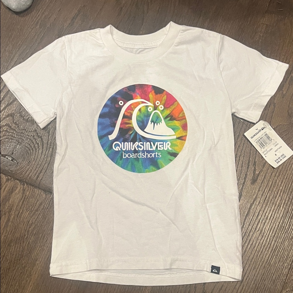 Quiksilver White Tee with Rainbow Tie-Dye Logo Circle